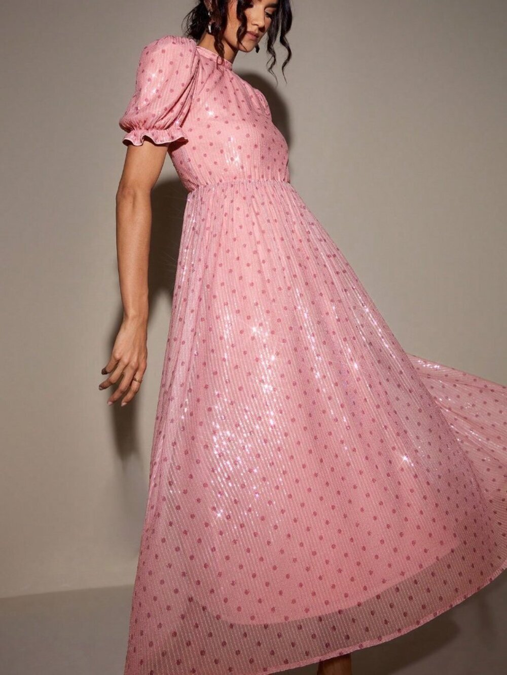 Pink Elegant Women's Polka Dot Beaded A-Line Dress - Picture 6 of 8